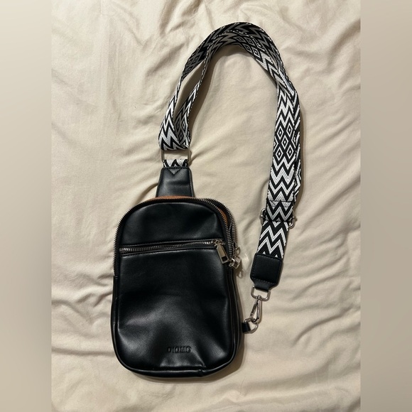 None Handbags - Black Crossbody Bag with Patterned Strap